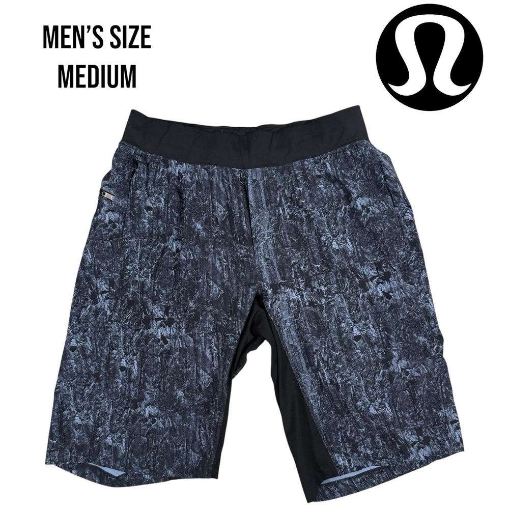 Lululemon Pace Breaker Shorts Black Blue Print Men's Medium Linerless 9" Gym Run